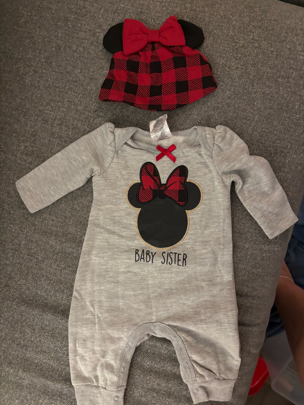 Disney Gray Long Sleeve 'Baby Sister' Minnie Silhouette Tee with Red Plaid Bow